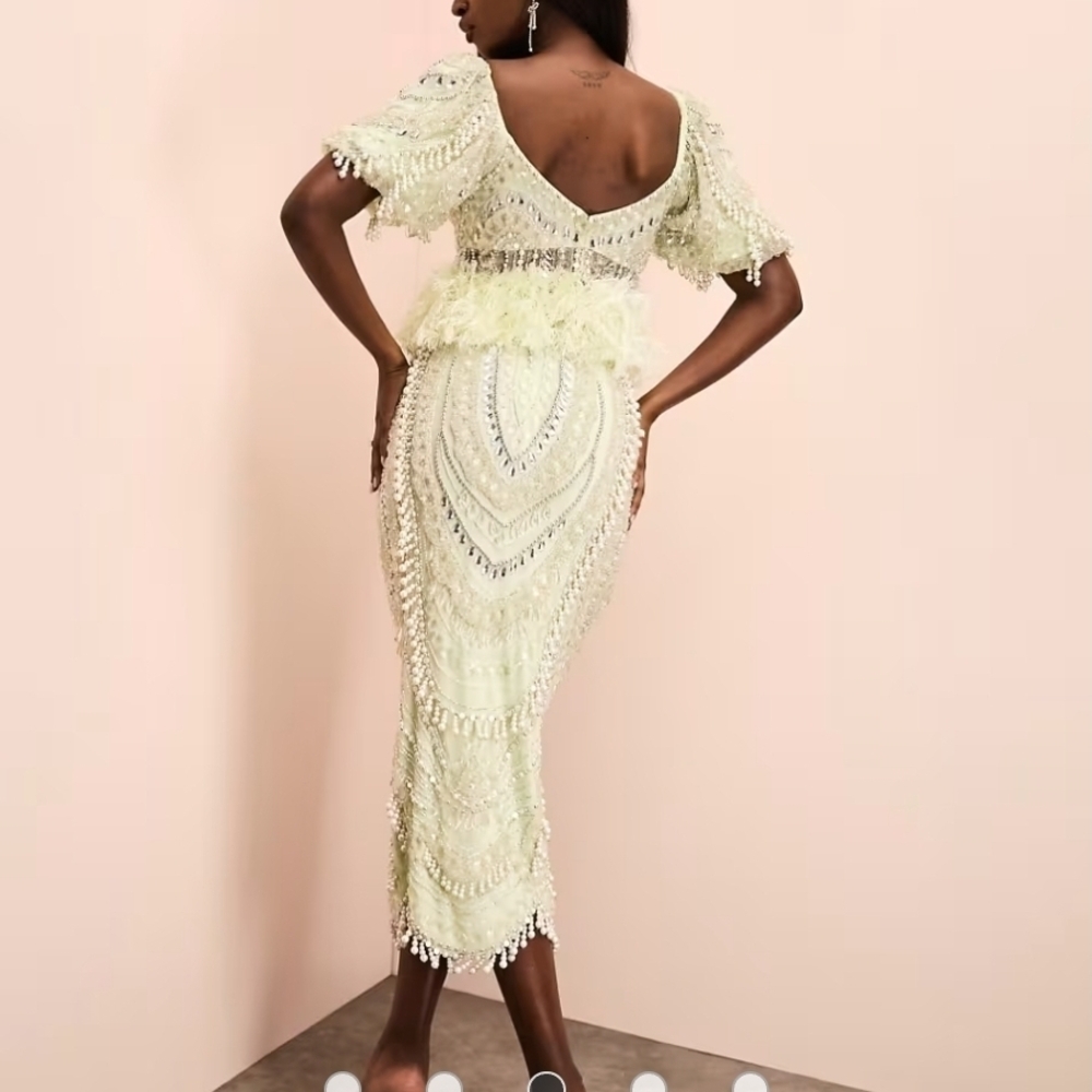 ASOS LUXE drop pearl embellished midi skirt in green